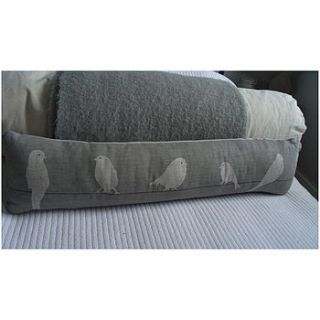 hand printed grey bird on a wire bolster by helkatdesign