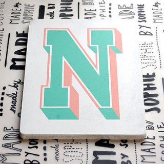 letter n screen printed wooden block by made by sophie