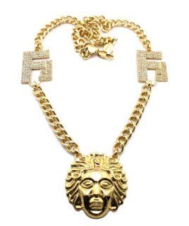 Gold Medusa Head Pendant & Two Letter F Charms with a 10mm 30 Inch Link Chain Jewelry