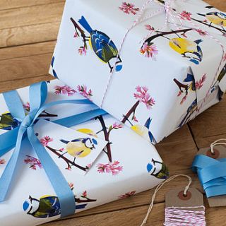 blue tit blossom wrapping paper by kate slater