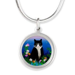 Tuxedo Cat Silver Round Necklace by catsonly