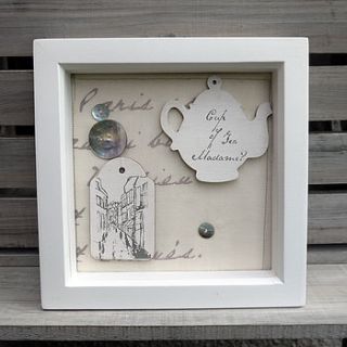 box framed 'cup of tea madame?' labels by amanda jane's