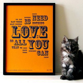 'all you need is love' letterpress print by wasted & wounded