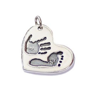 double handprint footprint silver heart charm by green river studio