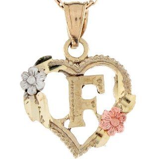 14k Three Tone Real Gold Heart & Roses Letter F Initial Charm Pendant Jewelry