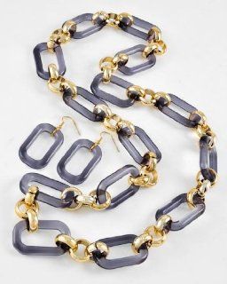 Gold Tone Grey Acrylic Chain Design Long Neck & Fish Hook Earring Set 