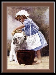 Picture Print Pet Bulldog Bull Dog & Child Getting a Bath Art  