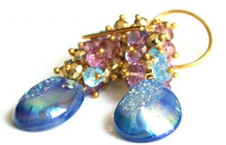 blue druzy, amethyst, blue topaz and pyrite earrings by prisha jewels