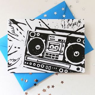 boombox linocut card by woah there pickle