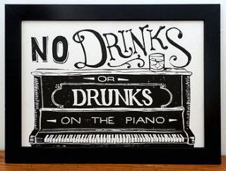 drunk piano linocut print by woah there pickle