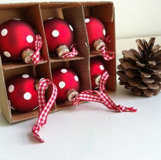 six mini red and white spotty glass baubles by the little picture company