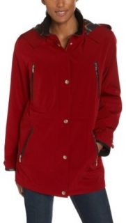 Liz Claiborne Women's Petite Snaux Silk Snap Front Jacket With Hood And Faux Leather Trim Detail, Autumn Red, Large Petite