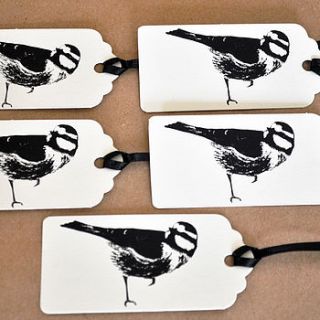 set of five blue tit hand printed gift tags by ella johnston art and illustration