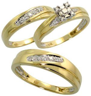 14k Yellow Gold Trio 3 Piece His (6mm) & Hers (4mm; 6mm) Wedding Band Set, w/ 0.27 Carat Baguette, Brilliant Cut & Invisible Set Diamonds; (Men's Size 9 to 12), size 8 Jewelry