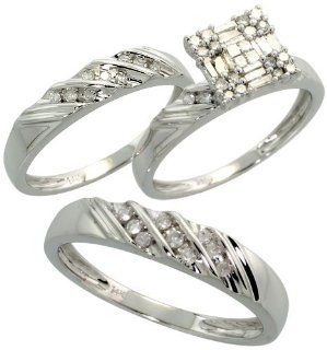 14k White Gold Trio 3 Piece His (4mm) & Hers (4mm; 8mm) Wedding Band Set, w/ 0.60 Carat Baguette & Brilliant Cut Diamonds; (Men's Size 9 to 12), size 7.5 Jewelry