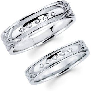 Carved Design 14K White Gold His and Hers Wedding Rings Jewelry
