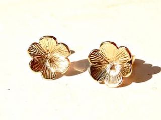 engraved gold petal stud earrings by kirsty taylor jewellery