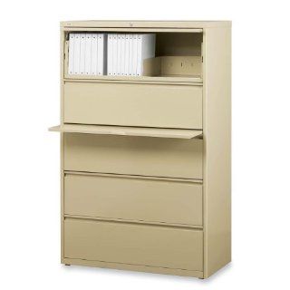 Lorell Products   Lateral File, 5 Drawer, 36"x18 5/8"x67 11/16", Putty   Sold as 1 EA   Lateral file features a roll out binder storage/posting shelf and five drawers with hanging file rails for side to side filing in letter size, legal size