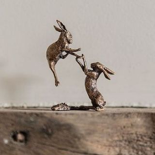 miniature bronze boxing hares statue by ginger rose