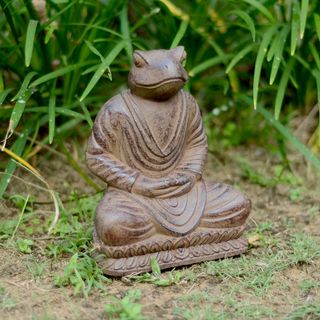 Volcanic Ash Black Meditating Frog Statue (Indonesia) Garden Accents