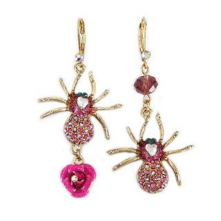 Betsey Johnson ENCHANTED FOREST Spider Rose Mismatched Drop Earrings Dangle Earrings Jewelry