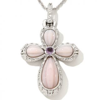 Victoria Wieck Carved Pink Opal and Gemstone Cross Pendant with 17" Chain