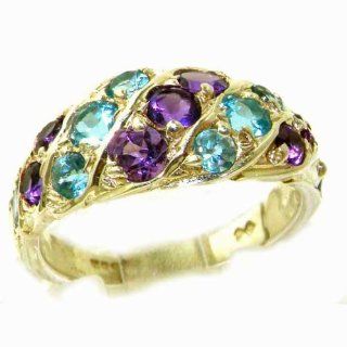 Unusual Large Solid Yellow 9K Gold Natural Vibrant Amethyst & Blue Topaz Victorian Inspired Ring   Finger Sizes 5 to 12 Available Jewelry