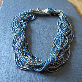 gold and blue seed bead necklace by molly & pearl