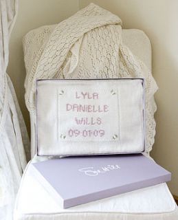 hand knitted personalised baby blanket by sue hill