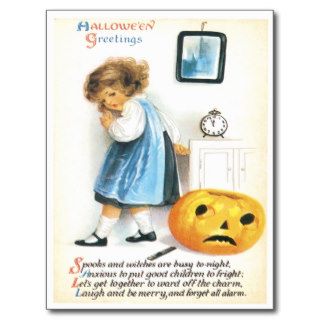 Fearful Little Girl And Pumpkin Vintage Postcard