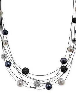 Honora Style Cultured Freshwater Pearl and Black Crystal 6 Row Necklace in Sterling Silver (7mm)   Necklaces   Jewelry & Watches