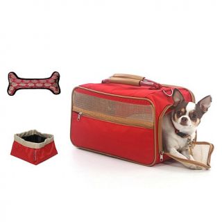 Bark n Bag Pet Carrier with Toy Bone and Travel Bowl   Red and Tan