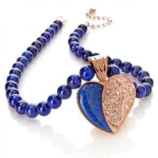 Lapis Copper and Sterling Silver Heart Pendant with Beaded Necklace