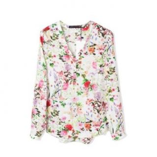 WHATWEARS Womens V neck Floral Print Roll up Loose Chiffon Shirt Blouse Tops