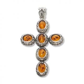 Age of Amber Honey Amber 6 Stone Sterling Silver Cross Pendant