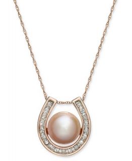 14k Rose Gold Pink Cultured Freshwater Pearl (8 1/2mm) and Diamond (1/5 ct. t.w.) Horseshoe Pendant Necklace   Necklaces   Jewelry & Watches