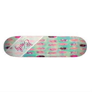 Monogram Pink Watercolor Feather Turquoise Pattern Skate Deck