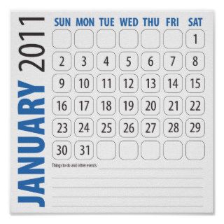 January Calendar 2011 in blue Posters