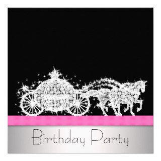 Horse Carriage Pink Black Princess Birthday Party Custom Announcements