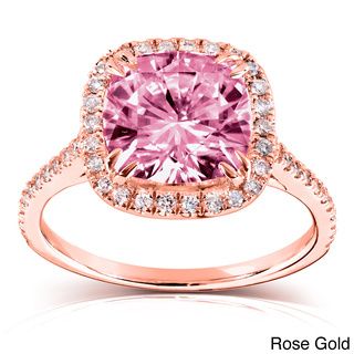 Annello 14k Gold Pink Cushion cut Moissanite and 1/4ct TDW Diamond Engagement Ring (G H, I1 I2) Annello Women's Moissanite Rings