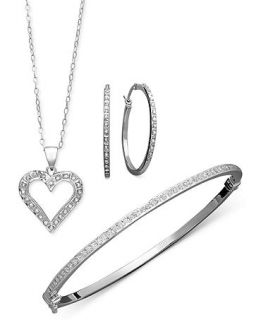 Sterling Silver Jewelry Set, Diamond Accent Heart Pendant, Hoop Earrings, and Bracelet   Jewelry & Watches
