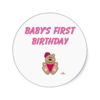 Cute Brown Bear Pink Baseball Cap Baby's First Bir Round Stickers