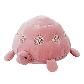 pink velvet turtle shaped pouf by little baby company