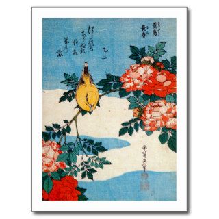 黄鳥と薔薇, 北斎 Yellow Bird and Rose, Hokusai, Ukiyo e Postcards
