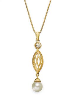 14k Gold Necklace, Cultured Freshwater Pearl (8mm) and Diamond Accent Drop Pendant   Necklaces   Jewelry & Watches