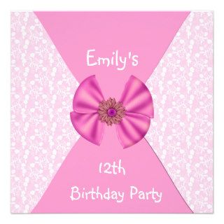 Pink Floral Invitation Cute Bow 12th Birthday Custom Announcements