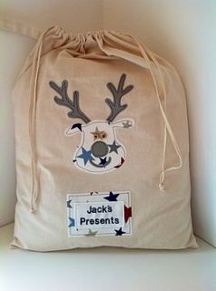 personalised blue reindeer christmas sack by honey on toast