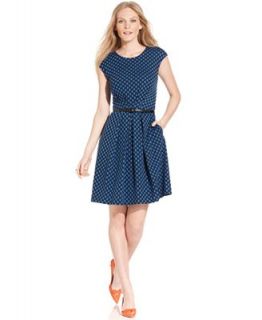 Maggy London Dress, Cap Sleeve Belted Dotted A line   Dresses   Women
