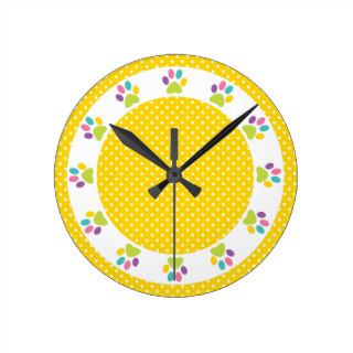 Yellow Polka Dot Rainbow Paw Print Clocks