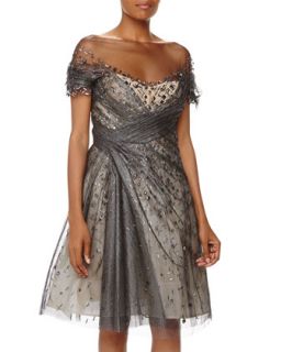 Beaded Tulle Draped Cocktail Dress, Black/Nude